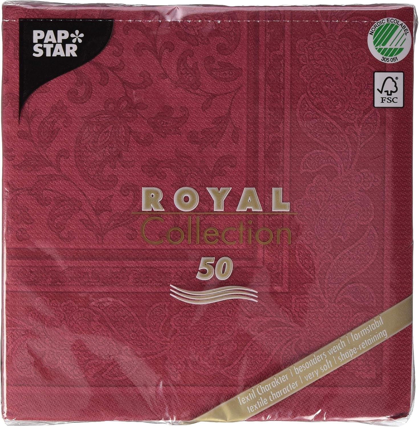 50 Servilletas "Colección ROYAL" Pliegue 1/4 40 Cm X 40 Cm Burdeos "Adornos"