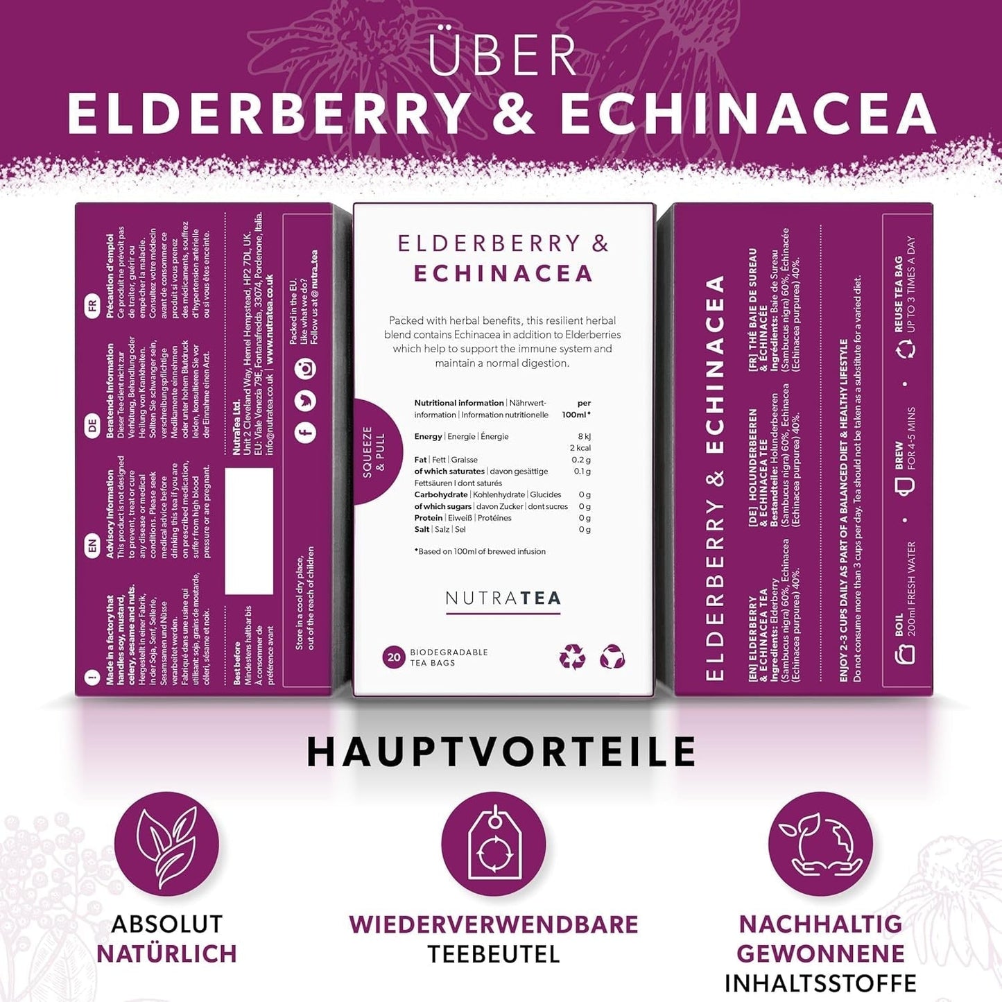 Nutra Tea Saúco y equinácea, té para inmunidad y resfriados, té de apoyo inmunológico, lucha contra el resfriado, 20 bolsitas de té reutilizables, té de hierbas naturales