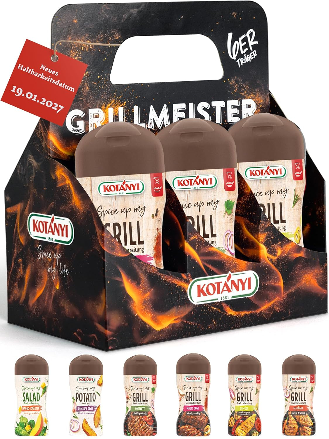 KOTÁNYI Set de regalo Grill Spices - 6er Carrier - Regalos para hombres - Grill Zubehör & Spice Set para jedes BBQ - Grill Zubehör inkl. Polvo Mágico - [¡Jetzt Geburtstagschenken für Männer bestellen!]