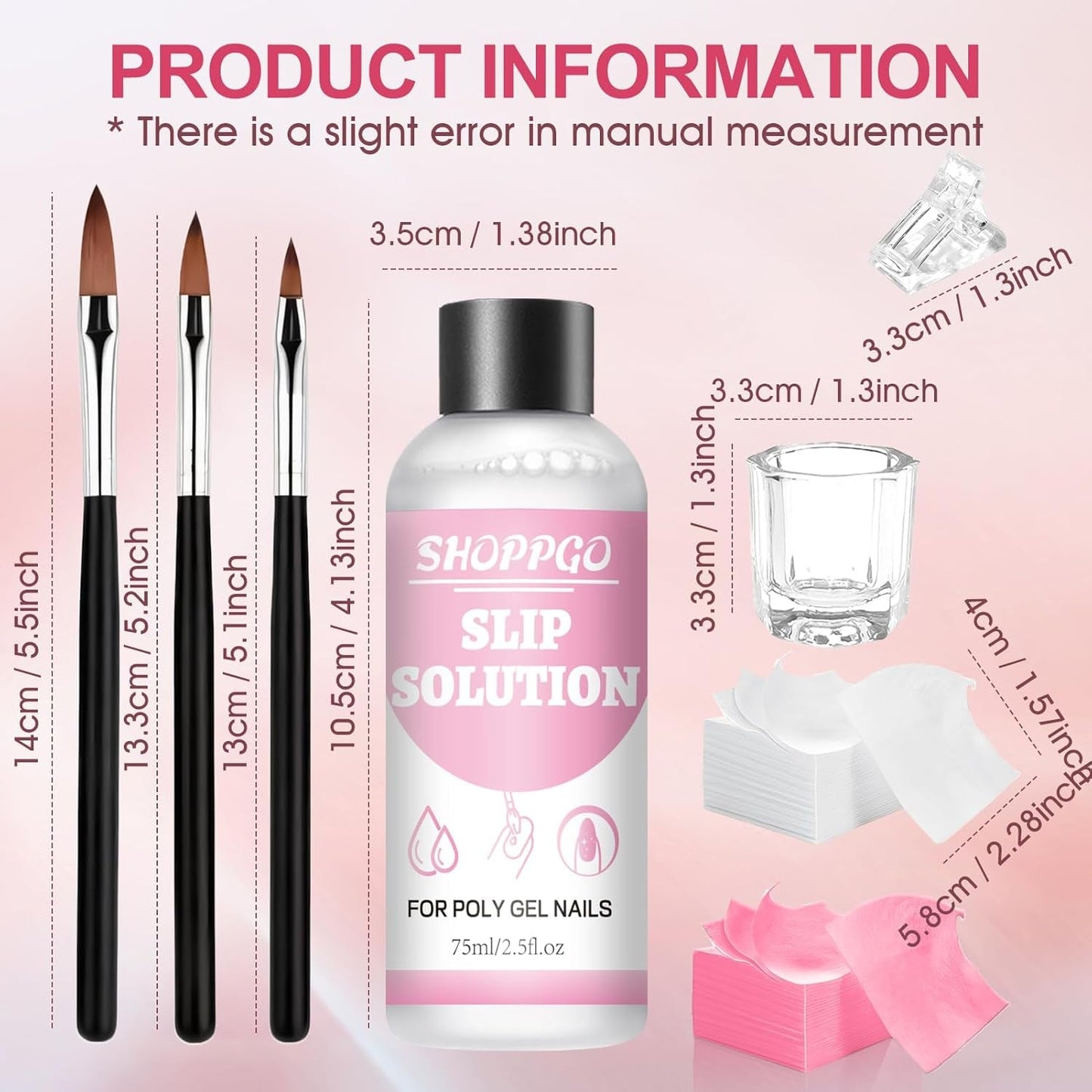 Solución alisadora Polygel, kit de solución antideslizante para uñas Polygel, solución alisadora de 75 ml, incluye 5 clips para puntas de uñas, 3 cepillos para uñas, 1 vaso de cristal, 100 hojas de limpieza