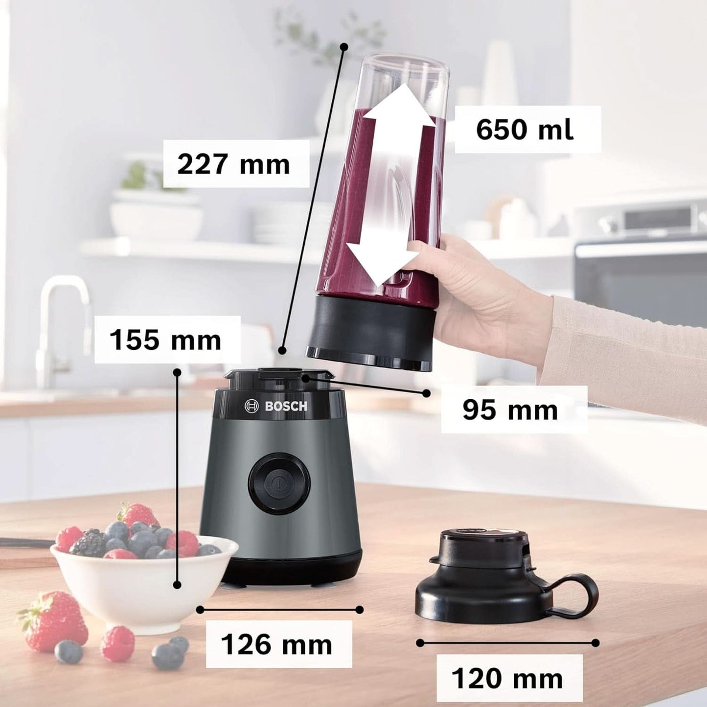Bosch Minibatidora con base Vitapower Serie 2 MMB2111S, Batidora de alta velocidad, Bis Zu 40.000 rpm, Tritan Togo-Flasche 0,6 L, Trinkdeckel, Bruchsicher, Spülmasch.Geeignete Teile, 450W, Plata/Negro Cocina Naty Shop