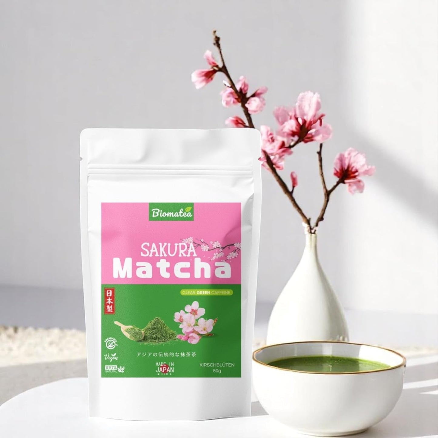 Té Sakura Matcha 50 g - Grado ceremonial de Japón - Té verde premium con polvo de flor de Sakura - Primera cosecha, molido en piedra, vegano, sin aditivos