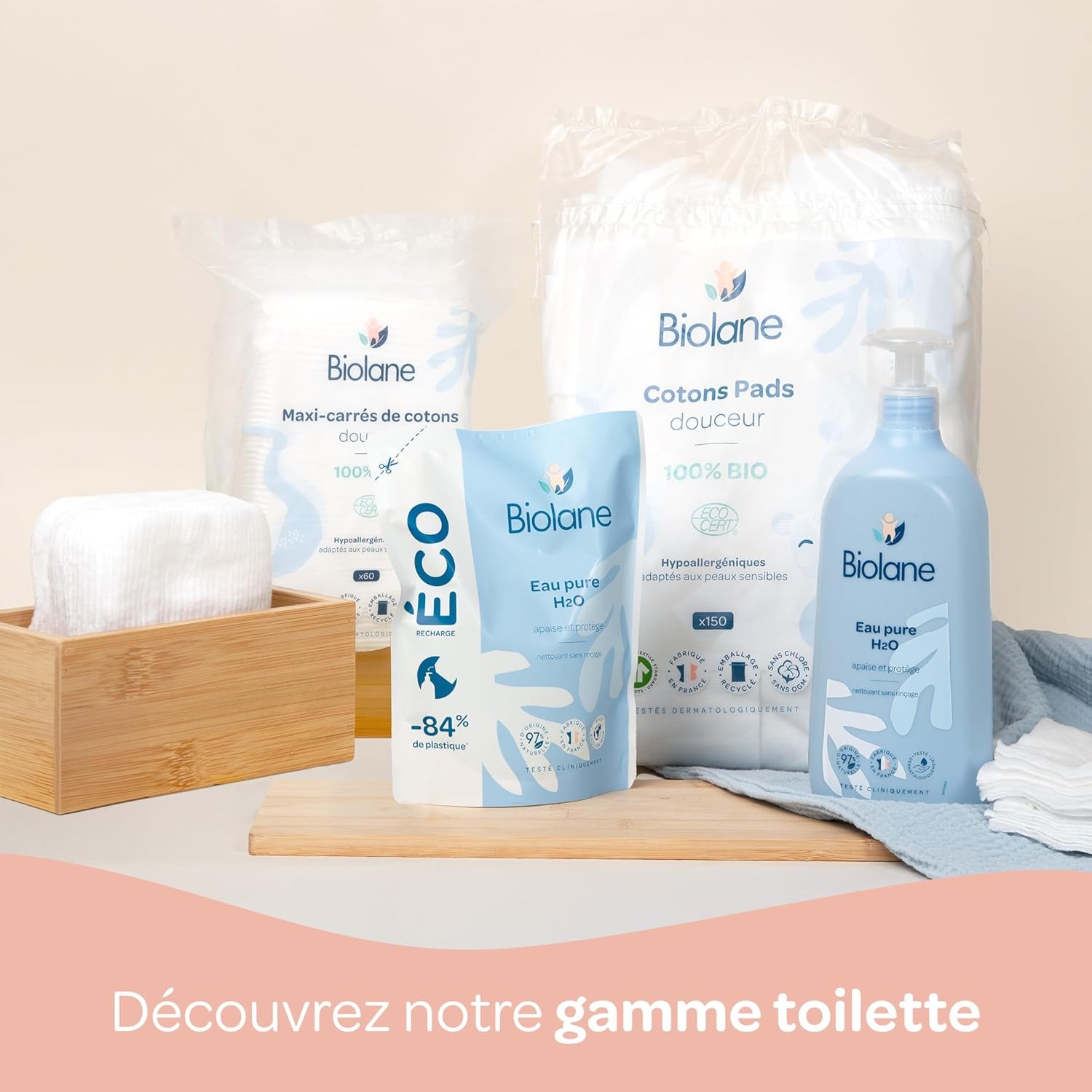 BIOLANE 12 Compresas Maxi-Cuadradas Húmedas - Bebés - 100% Orgánico - 720 Algodón - para pieles sensibles - Cambiador y Aseo - desde el nacimiento - fabricadas en Francia