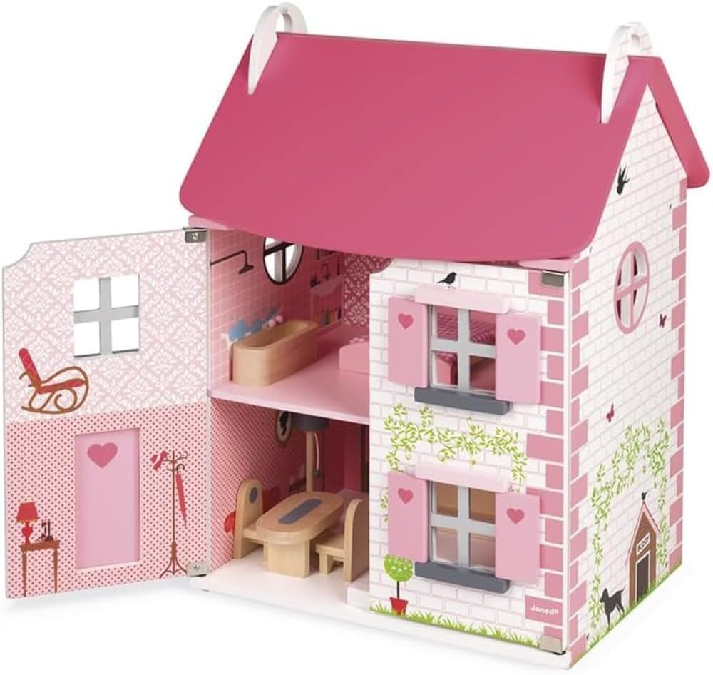 Janod Mademoiselle Casa de muñecas de madera de 3 pisos con 11 accesorios, réplica de juguete, desarrolla la imaginación, a partir de 3 años, J06581