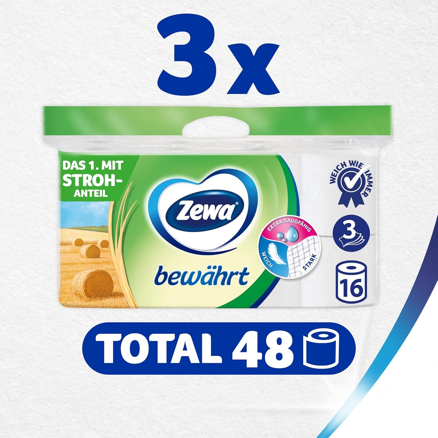 Zewa Proven - 48 rollos - El primer papel higiénico con contenido de paja - 3 capas