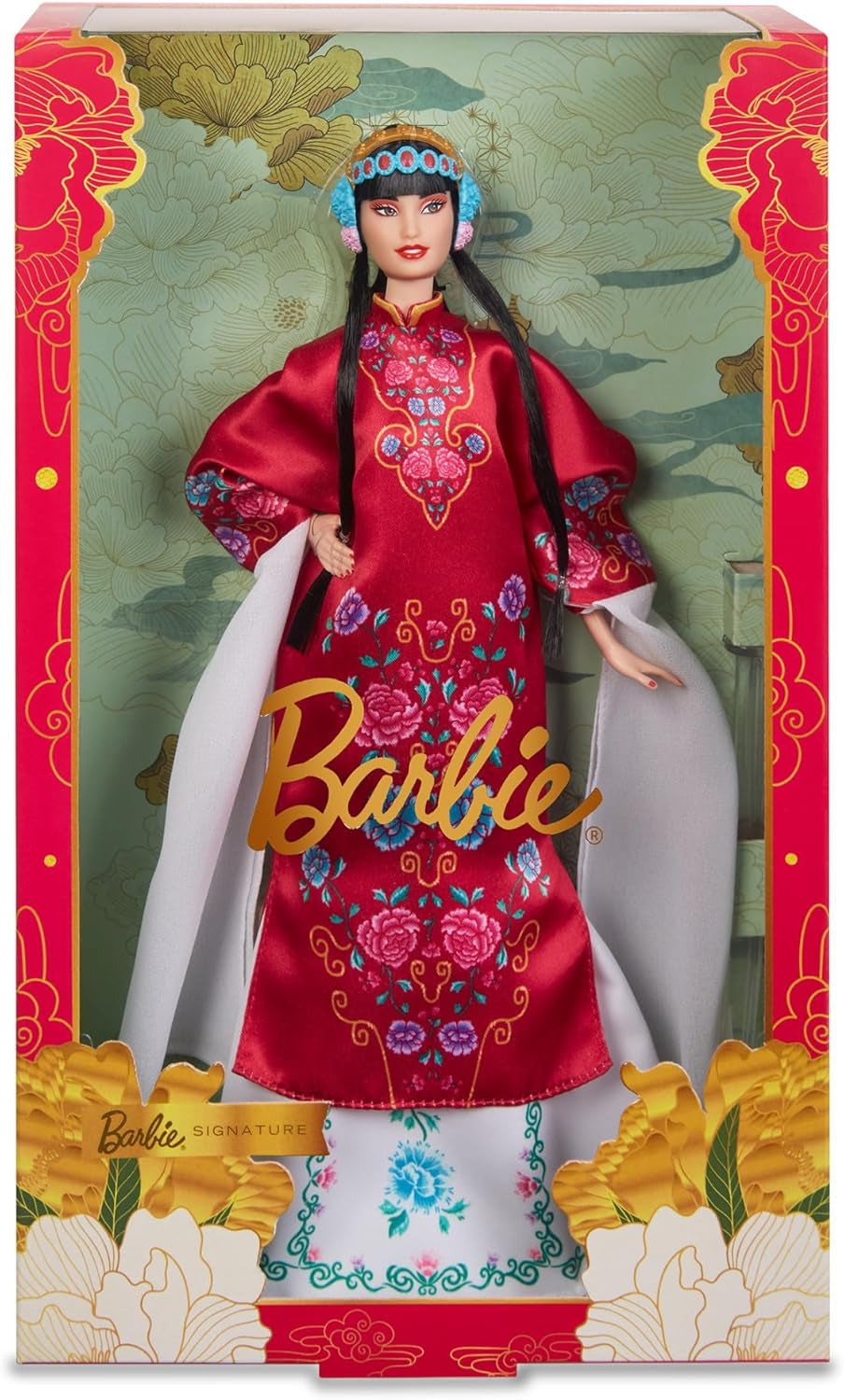 BARBIE Muñeca Barbie del Año Nuevo Lunar - Ropa tradicional en colores brillantes Rot mit Pfingstrosenmuster, cyanblaue Schuhe mit pinken Troddeln, inspiriert von der Peking-Oper, HRM57