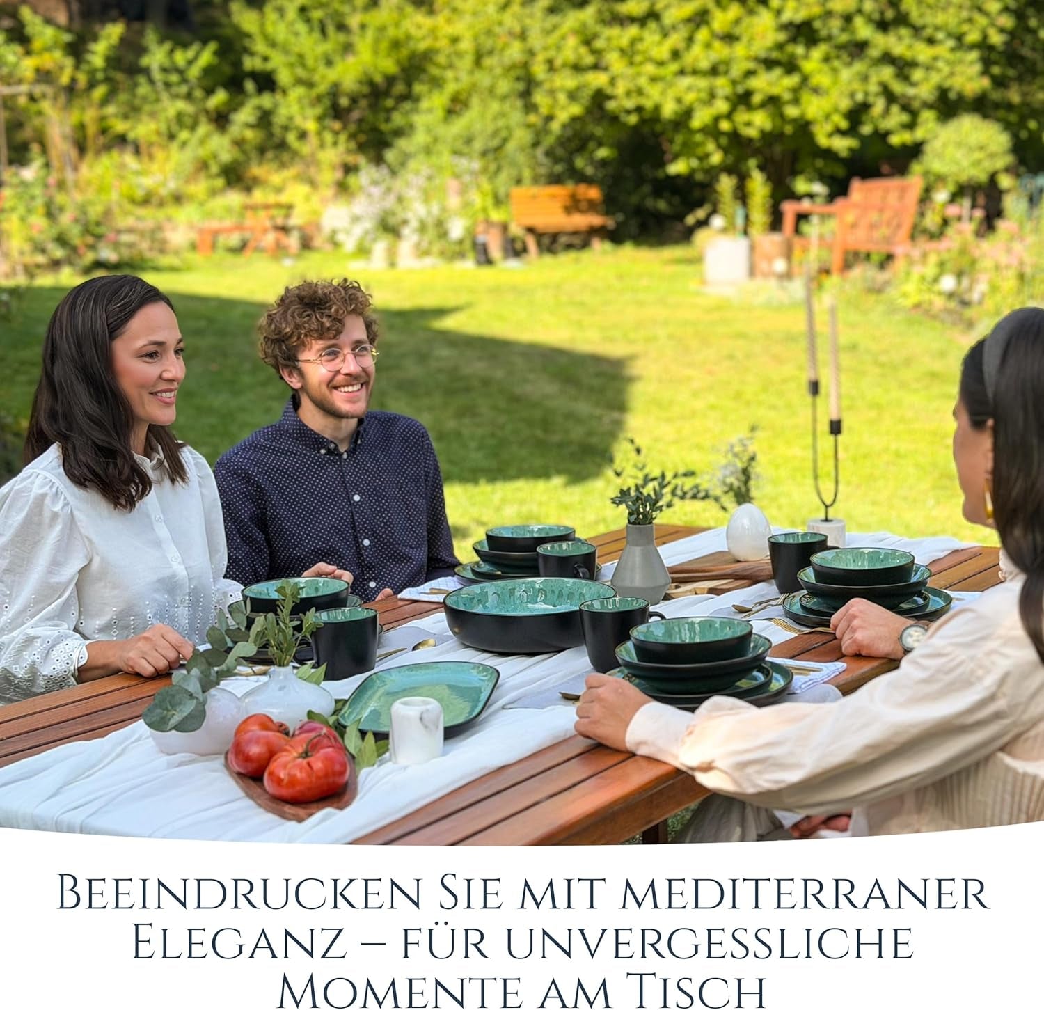 Vajilla para 6 personas de gres cerámico de 24 piezas, diseño Ibiza, GANADOR DE LA PRUEBA. Un precioso juego de vajilla mediterránea que incluye cuencos y platos. Juego de vajilla Pure Living, verde salvia.