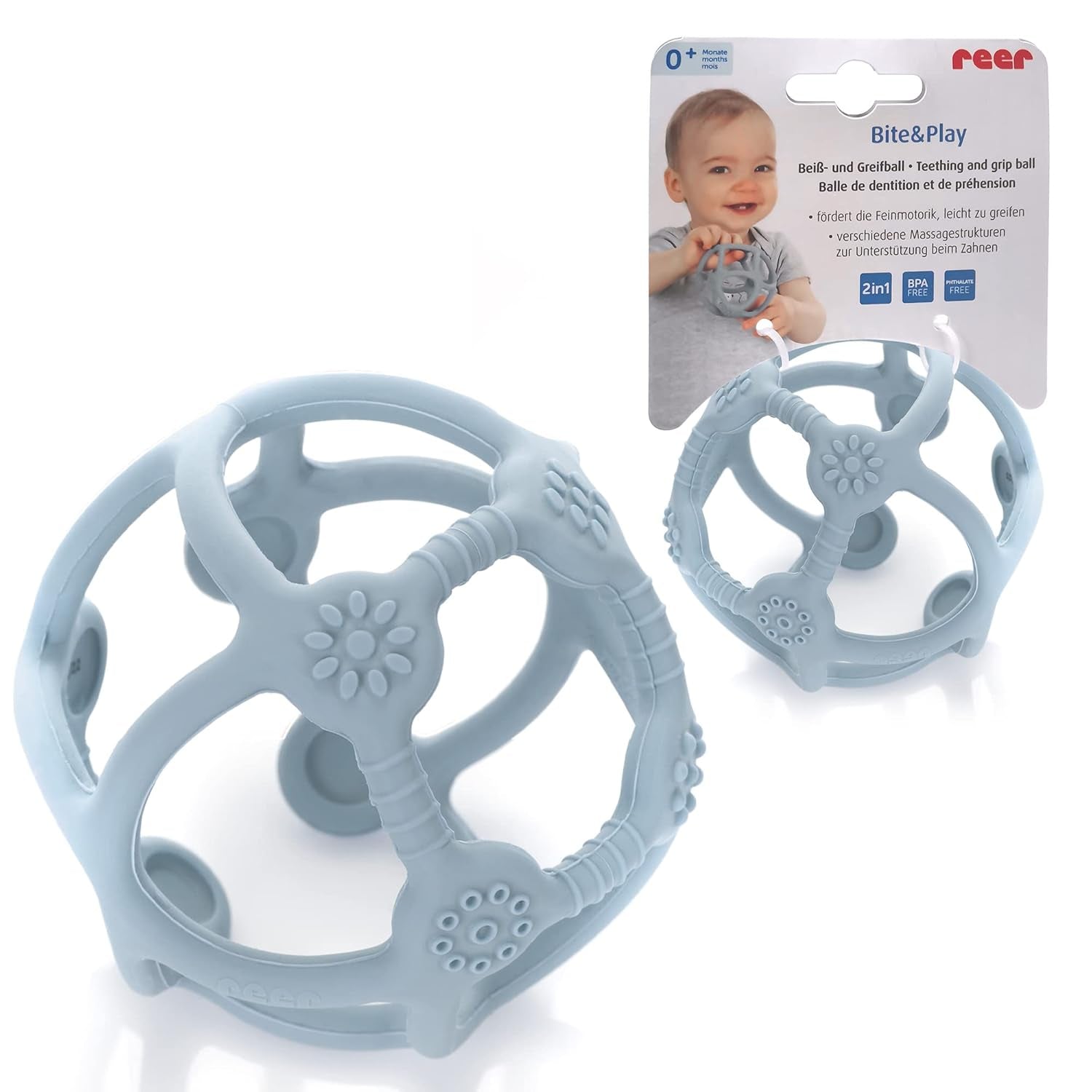 Reer Bite&Play - Pelota y receptor para mordedor de bebé, anillo mordedor y juguete para niños pequeños, gran regalo