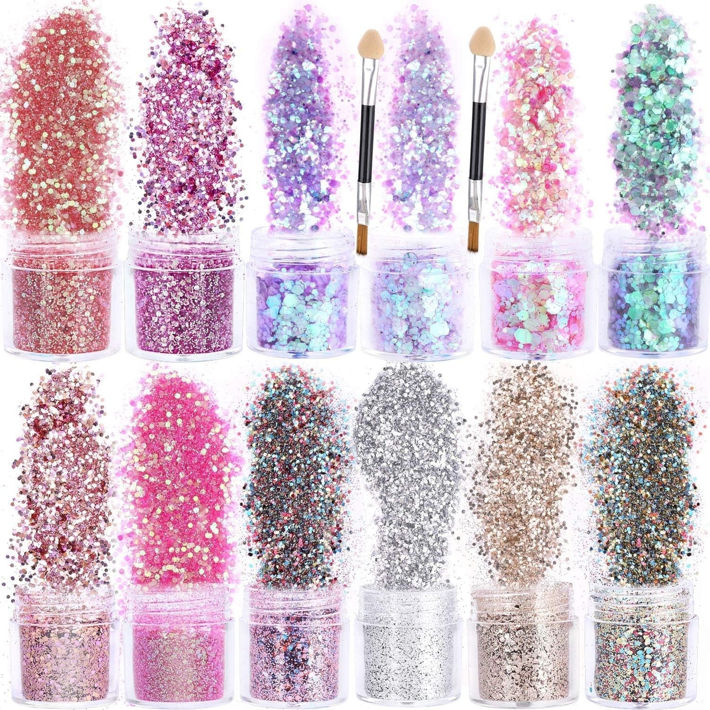 HOWAF 12 cajas de purpurina para uñas, cepillo para el rostro y el cuerpo, maquillaje con purpurina, purpurina para uñas, ojos, labios, pelo, decoración corporal, Halloween, Navidad, festivales, disfraces, accesorios de maquillaje