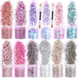 HOWAF 12 cajas de purpurina para uñas, cepillo para el rostro y el cuerpo, maquillaje con purpurina, purpurina para uñas, ojos, labios, pelo, decoración corporal, Halloween, Navidad, festivales, disfraces, accesorios de maquillaje