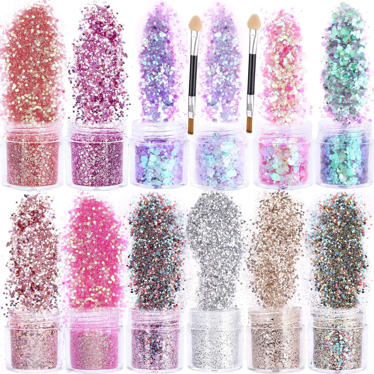 HOWAF 12 cajas de purpurina para uñas, cepillo para el rostro y el cuerpo, maquillaje con purpurina, purpurina para uñas, ojos, labios, pelo, decoración corporal, Halloween, Navidad, festivales, disfraces, accesorios de maquillaje