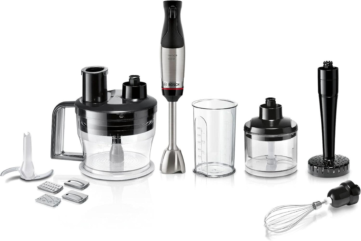 Bosch Stabmixer Ergomaster Serie 6 MSM6M673, 10 Jahre Motorgarantie, Edelstahl-Klingen, Verschleißfreie Keramik-Kupplung, Luftkühlung, Zerkleinerer, Kartoffelstampfer, Schneebesen, 1000 W Cocina Naty Shop