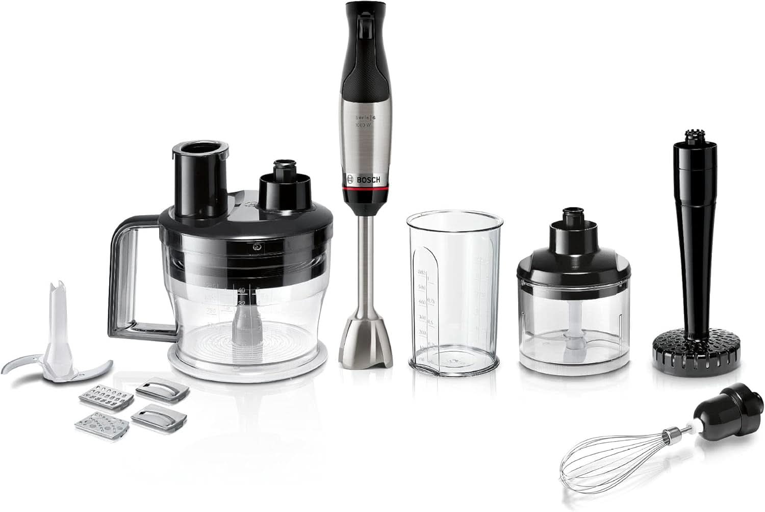 Bosch Stabmixer Ergomaster Serie 6 MSM6M673, 10 Jahre Motorgarantie, Edelstahl-Klingen, Verschleißfreie Keramik-Kupplung, Luftkühlung, Zerkleinerer, Kartoffelstampfer, Schneebesen, 1000 W Cocina Naty Shop