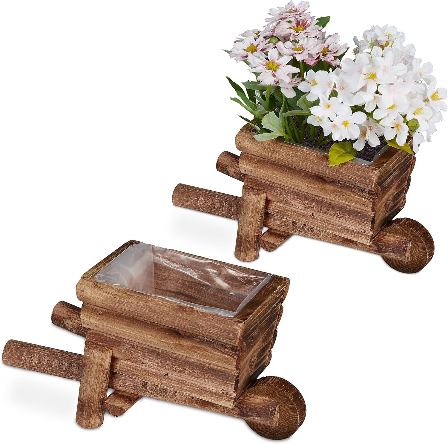 Relaxdays Carretilla Jardinera, Set de 2, Decoración de Jardín, Alto x Ancho x Fondo: 12,5 x 26 x 12 cm, Carro de Flores para Plantar, Madera, Natural