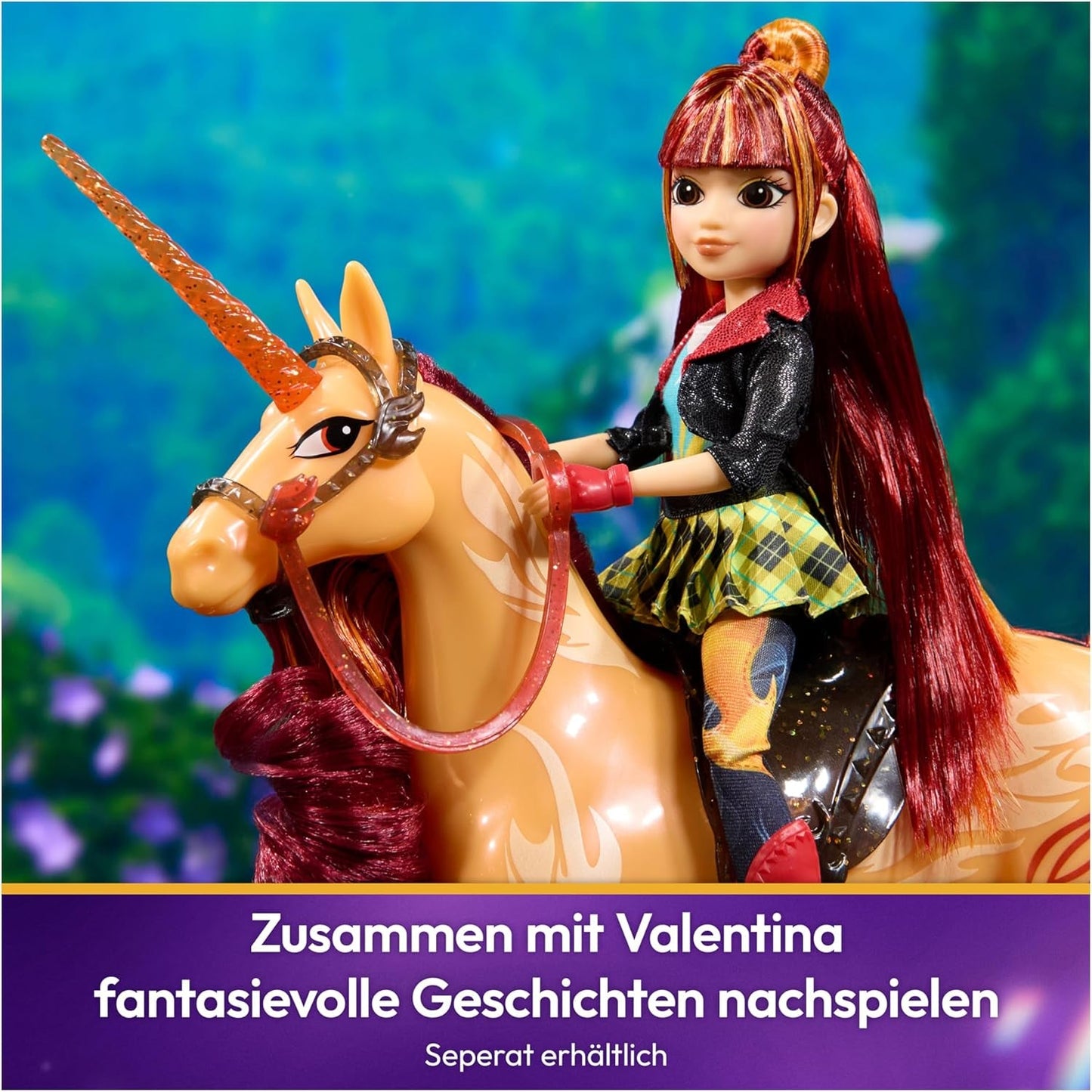 Unicorn Academy Cinder the Unicorn - Unicornio Valentina original de 28 cm de altura de la serie de Netflix, con melena y cola reales, brida, silla y cepillo extraíbles, para niños a partir de 4 años