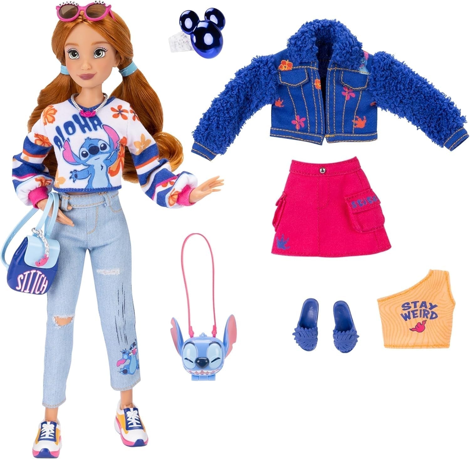 Disney ILY 4EVER Fashion Dolls Stitch con pelo rojo de 11,5" de alto con 13 puntos de articulación, dos conjuntos completos para mezclar y combinar y un brillante anillo de Mickey para ti. Naty tienda de muñecas