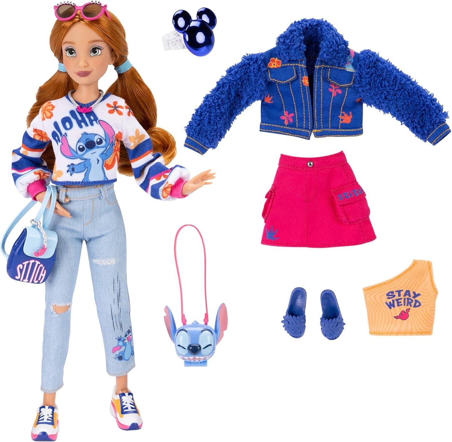 ¡Muñecas de moda Disney ILY 4EVER Stitch con cabello rojo, 29 cm de altura, con 13 puntos de articulación, dos conjuntos completos para combinar y un brillante anillo de Mickey para ti!