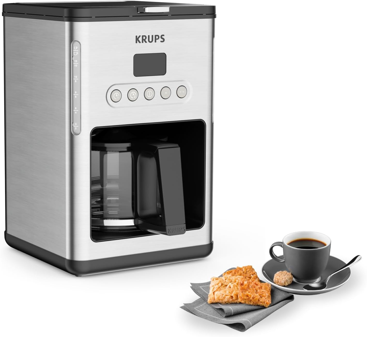 Cafetera espresso con filtro Krups KM442D Premium | 10-15 tazas | 1000 vatios | programable | función mantener caliente | acero inoxidable | negro