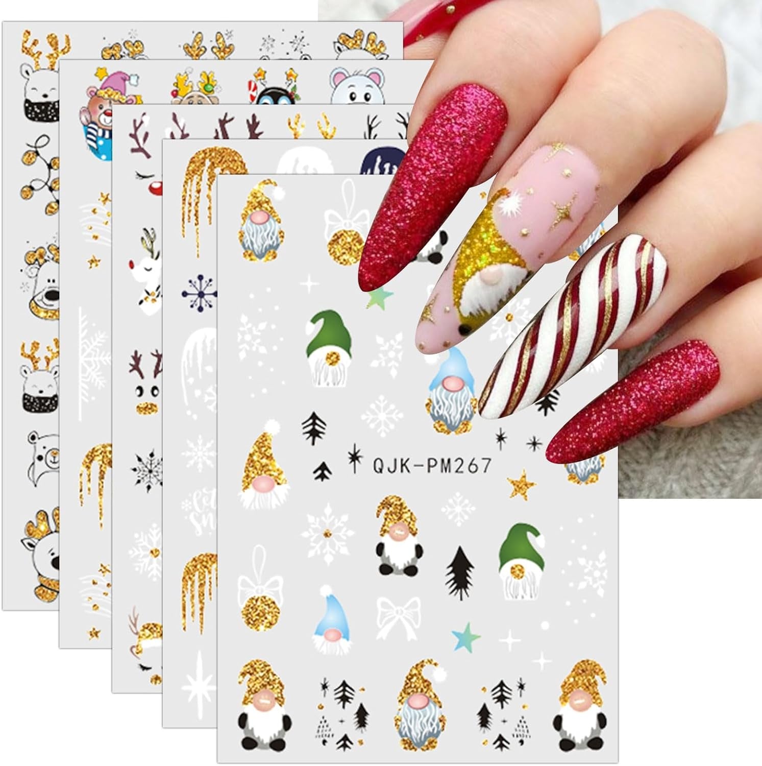 JMEOWIO Nagelsticker Weihnachten 10 Blatt Nail Art Sticker Selbstklebend Nagelaufkleber Glitter Schneeflocke Navidad Invierno Urlaub Oro Decoración Nageldesign Zubehör