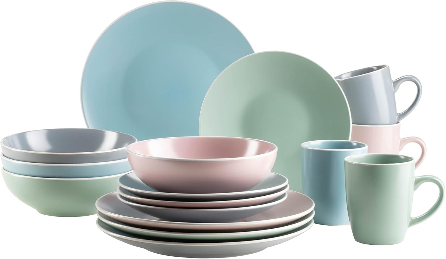 MÄSER 934006 Serie Elissa, Vajilla Moderna para 4 en Esmaltes de Colores Mate con Borde Blanco, Juego Combinado de 16 Piezas, Gres, Multicolor, Gris, Turquesa, Rosa, Verde