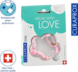 Anillo de dentición Curaprox para bebés - Para niños pequeños 0-24 meses/Alivia el dolor de dientes y promueve las habilidades motoras | Sin BPA, Rosa, con cepillo de dientes de entrenamiento/Fabricado en Suiza