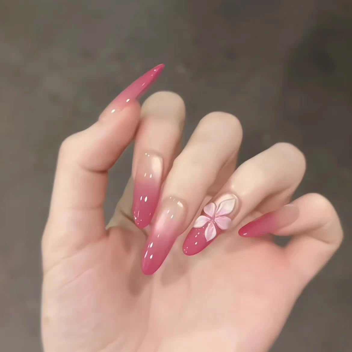Mouyouglow-uñas largas Stiletto, color blanco lechoso, degradado, purpurina rosa, uñas postizas frescas con pegamento, uñas artificiales con purpurina rosa ombré