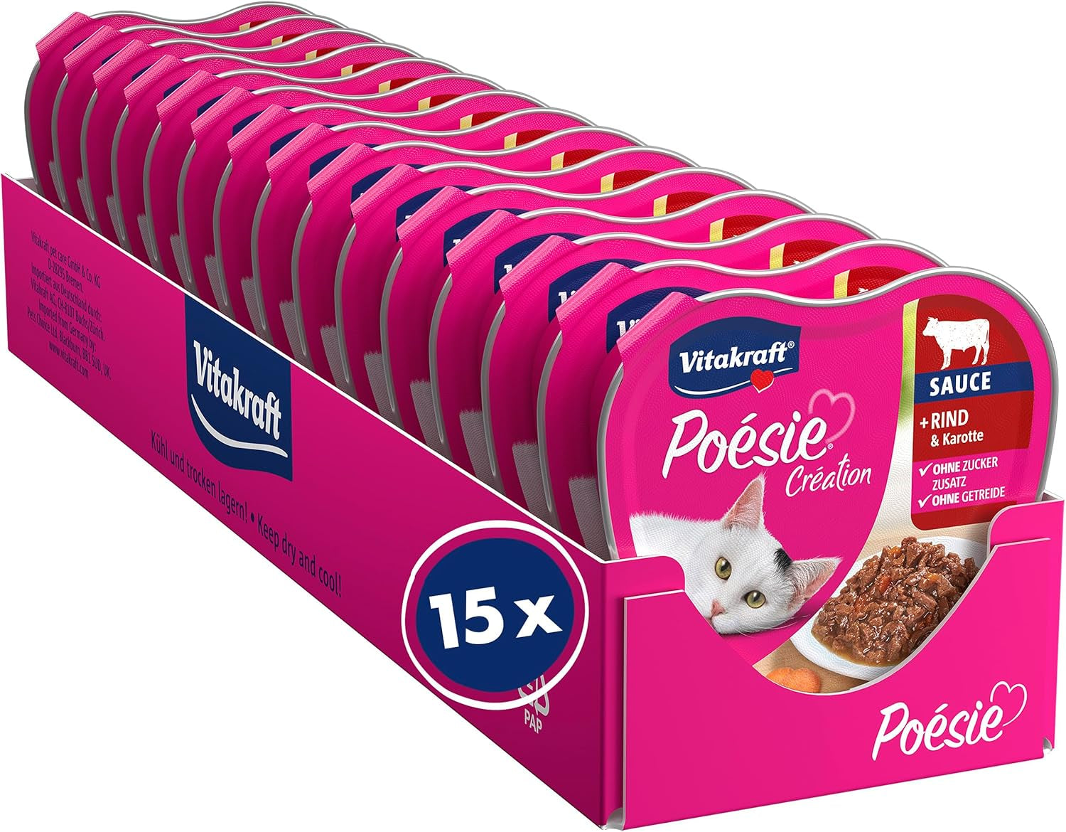 Vitakraft Poésie Création, comida húmeda para gatos, comida húmeda en salsa, con ternera y zanahoria, paquete a granel, sin azúcares ni cereales añadidos (15 x 85 g)