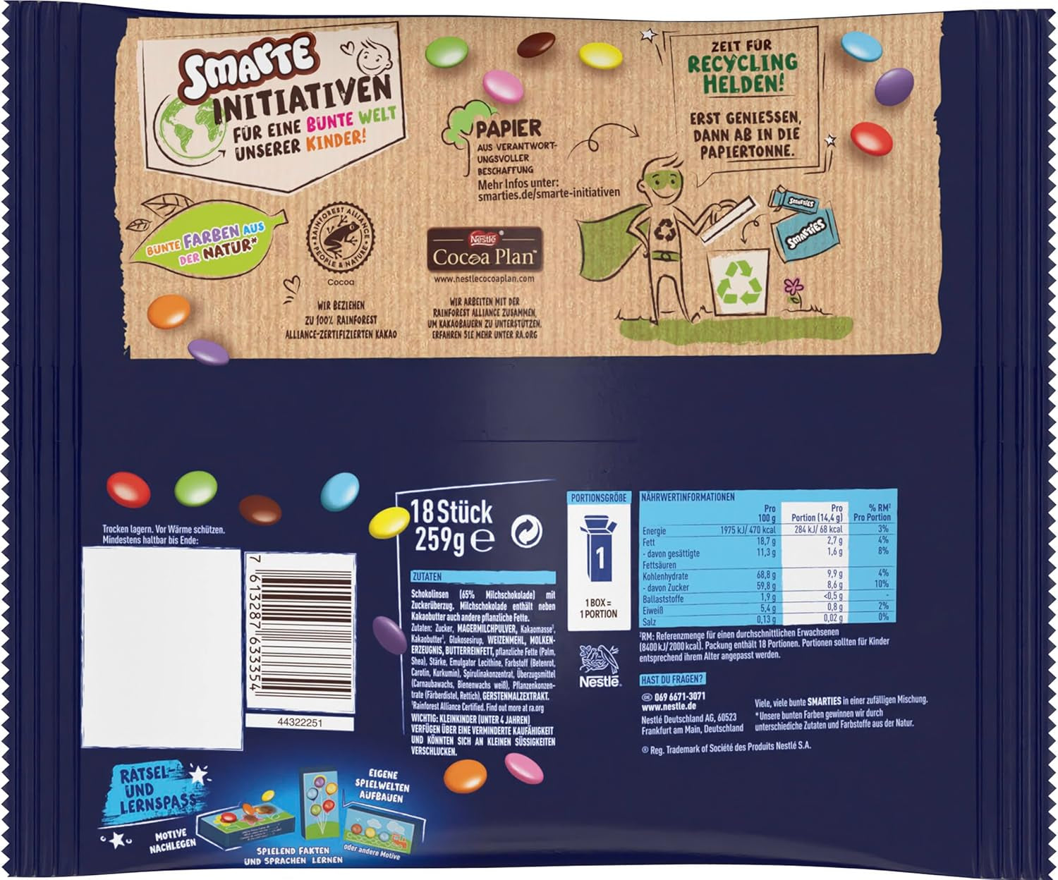 Nestlé SMARTIES Bolsitas Mini XXL, Lentejas Color Chocolate, Ideal para Compartir y Disfrutar con Familiares y Amigos, Colores Naturales, Envase Reciclable, Paquete de 2 (1 x 259g)