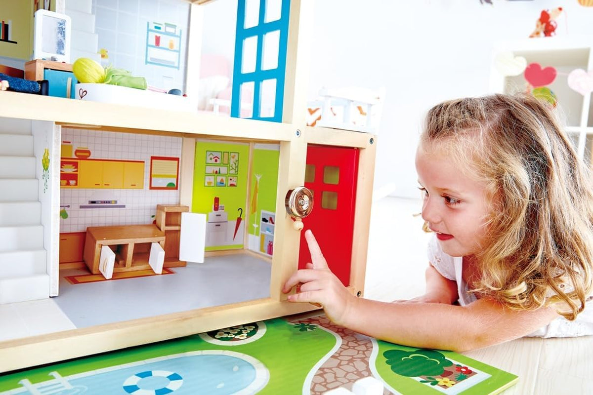 Hape Doll's Villa Casa de muñecas de madera de 10 habitaciones Juego de rol creativo que incluye muebles y accesorios Juguete educativo para edades de 3 años en adelante