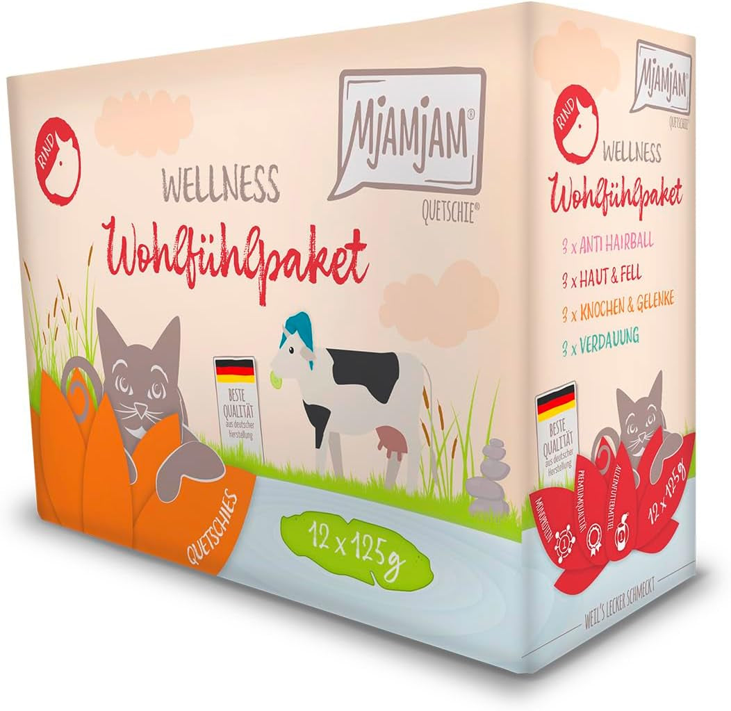 MjAMjAM - Comida húmeda premium para gatos - Wellness Pack Carne de vacuno, paquete de 12 (12 x 125 g), sin cereales y con carne extra