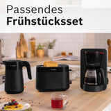 Bosch MyMoment TKA2M113 Cafetera espresso con filtro, jarra de cristal de 1,25 l, 10-15 tazas, función de mantenimiento del calor durante 40 minutos, sistema antigoteo, soporte de filtro giratorio, depósito de agua desmontable, 1200 W, negro mate