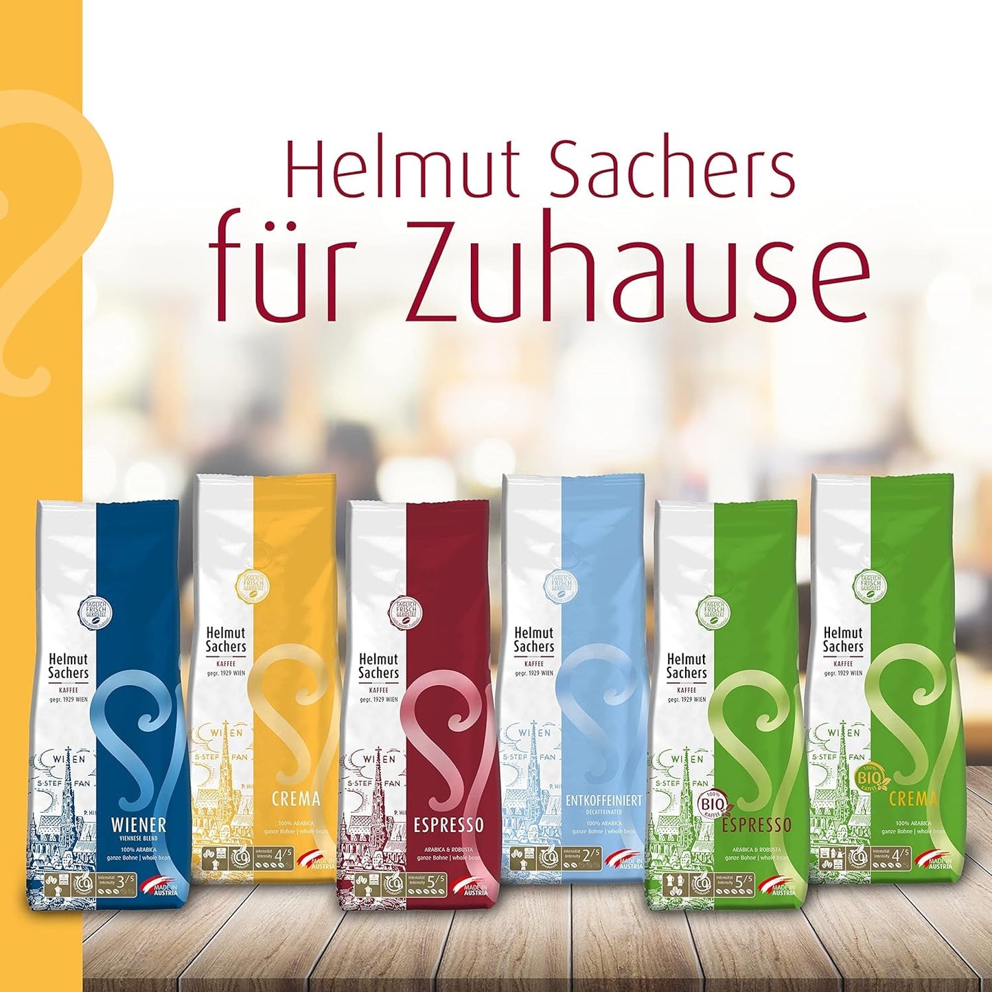Café Helmut Sachers - Crema, concentración 4/5, 100% Arábica, granos de café enteros, 6 x 500 g