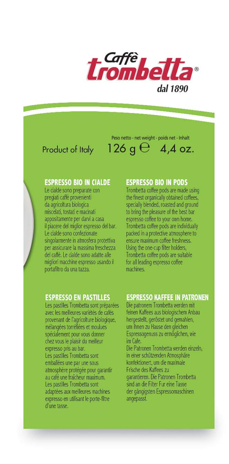 Caffè Trombetta ESE Kaffeepads, Italien Kaffee, Richhaltiges Aroma und samtiger Gesmack Biologisch - 1 paquete de 18 Kaffeepads