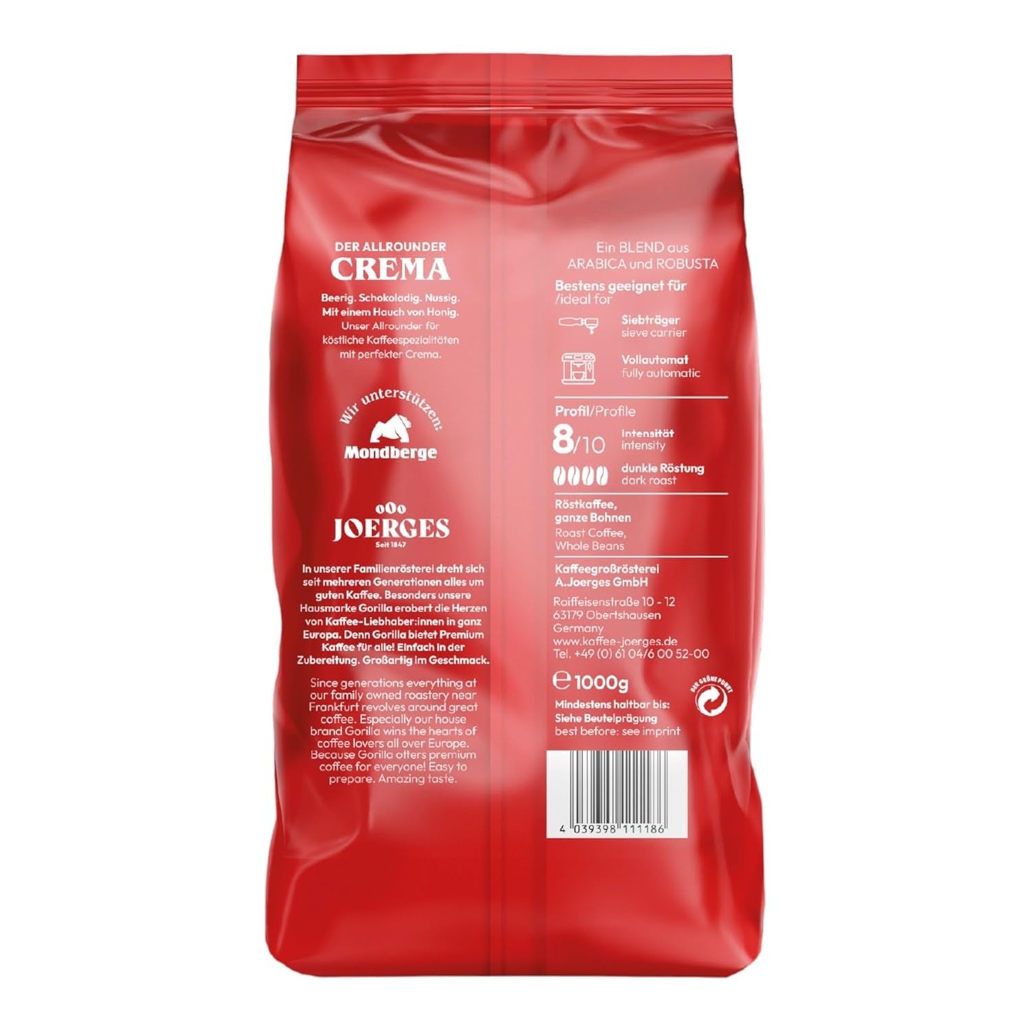 Joerges Espresso Gorilla Super Bar Crema en granos de café, paquete de 5 (5 x 1 kg)
