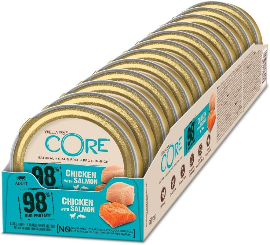 Wellness CORE 98% 12 x 85g, Pollo y Salmón - Comida húmeda para gatos, paté espeso, sin cereales, natural, hipoalergénica, rica en proteínas, rica en carne