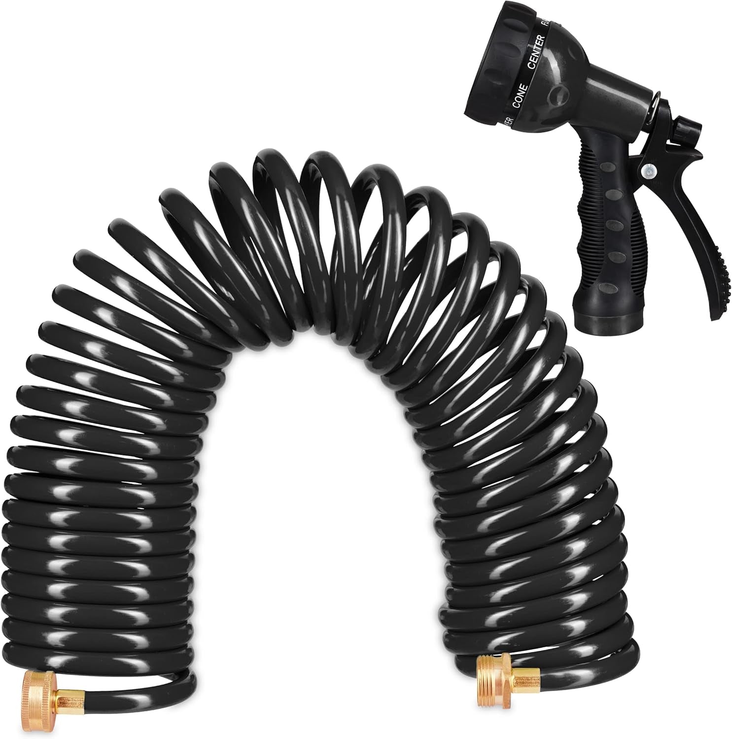 Relaxdays Manguera en espiral extensible hasta 10 m Manguera de jardín flexible con pulverizador de agua 7 patrones de pulverización negro
