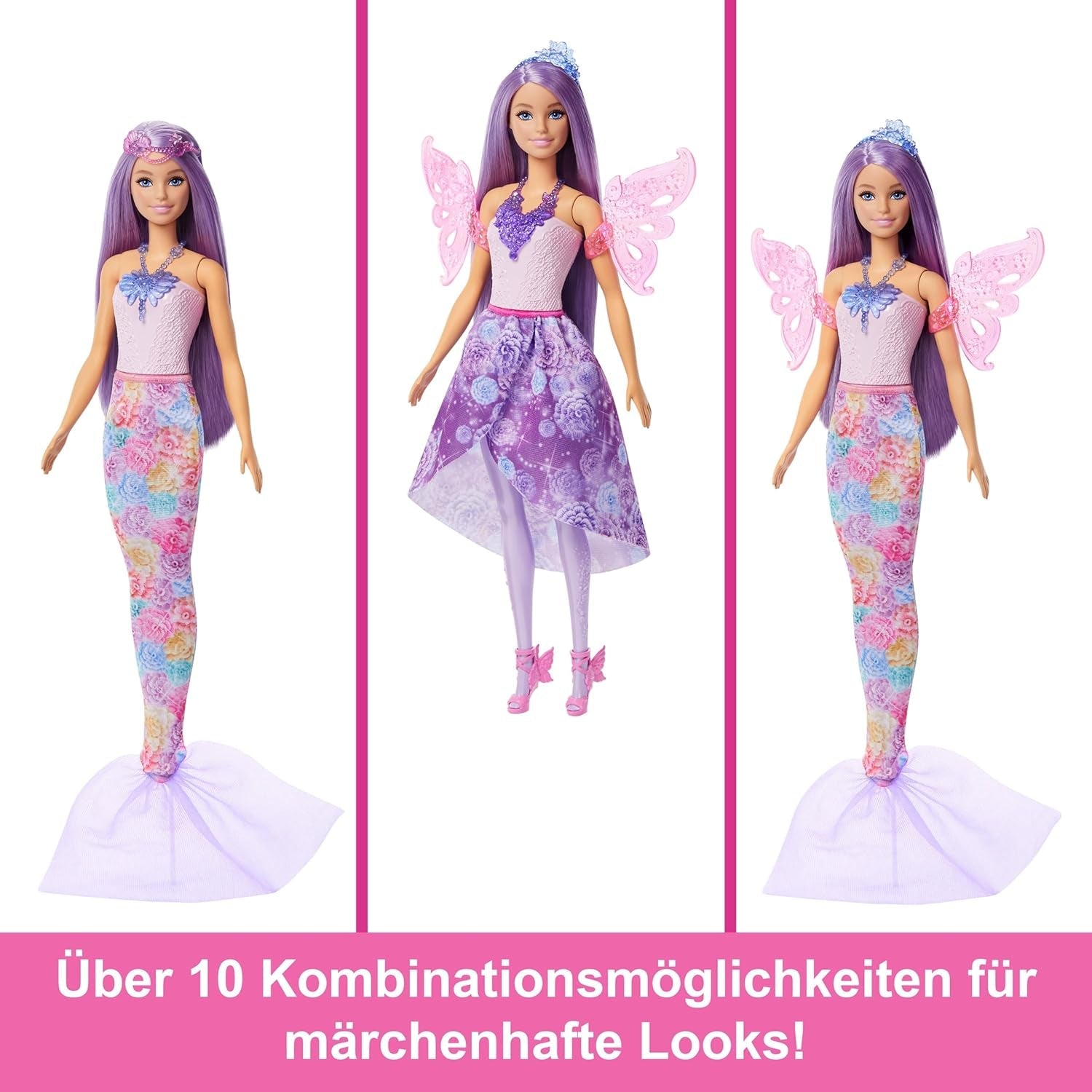 Barbie Doll Juego 3 en 1 con 8 accesorios que incluyen cola de sirena, alas de hada, collares reales, zapatos y más para más de 10 looks diferentes, JCP74