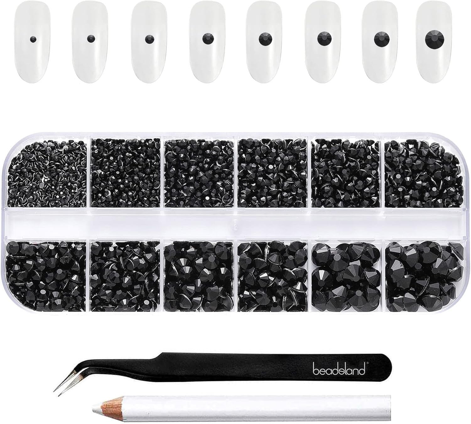 Beadsland 2500 piezas de piedras de cristal para decoración de uñas con parte trasera plana, piedras preciosas para trabajos manuales de 8 tamaños SS4 ~ SS30 con pinzas y puntas (Kristall Weiss)