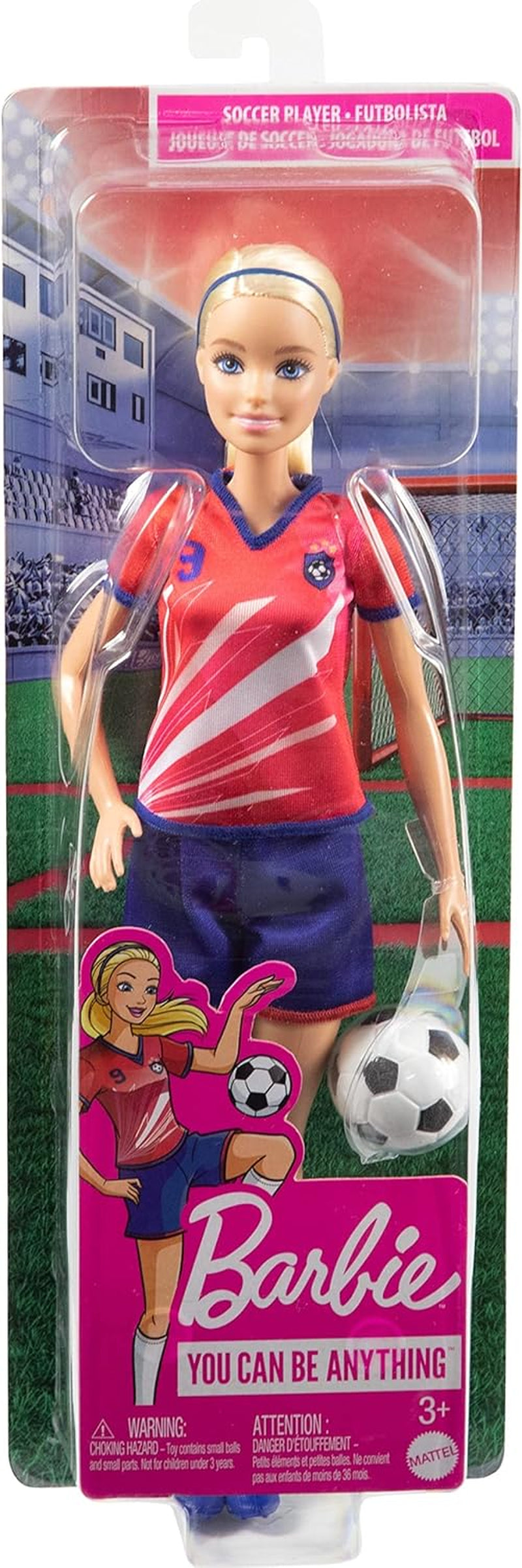 Barbie Serie Puedes Ser Cualquiera, Futbolista, Futbolista de Pelo Rubio, Jersey Rojo y Azul, Pelota, Accesorios, Muñeca Incluida, Regalo a Partir de 3 Años, HCN17