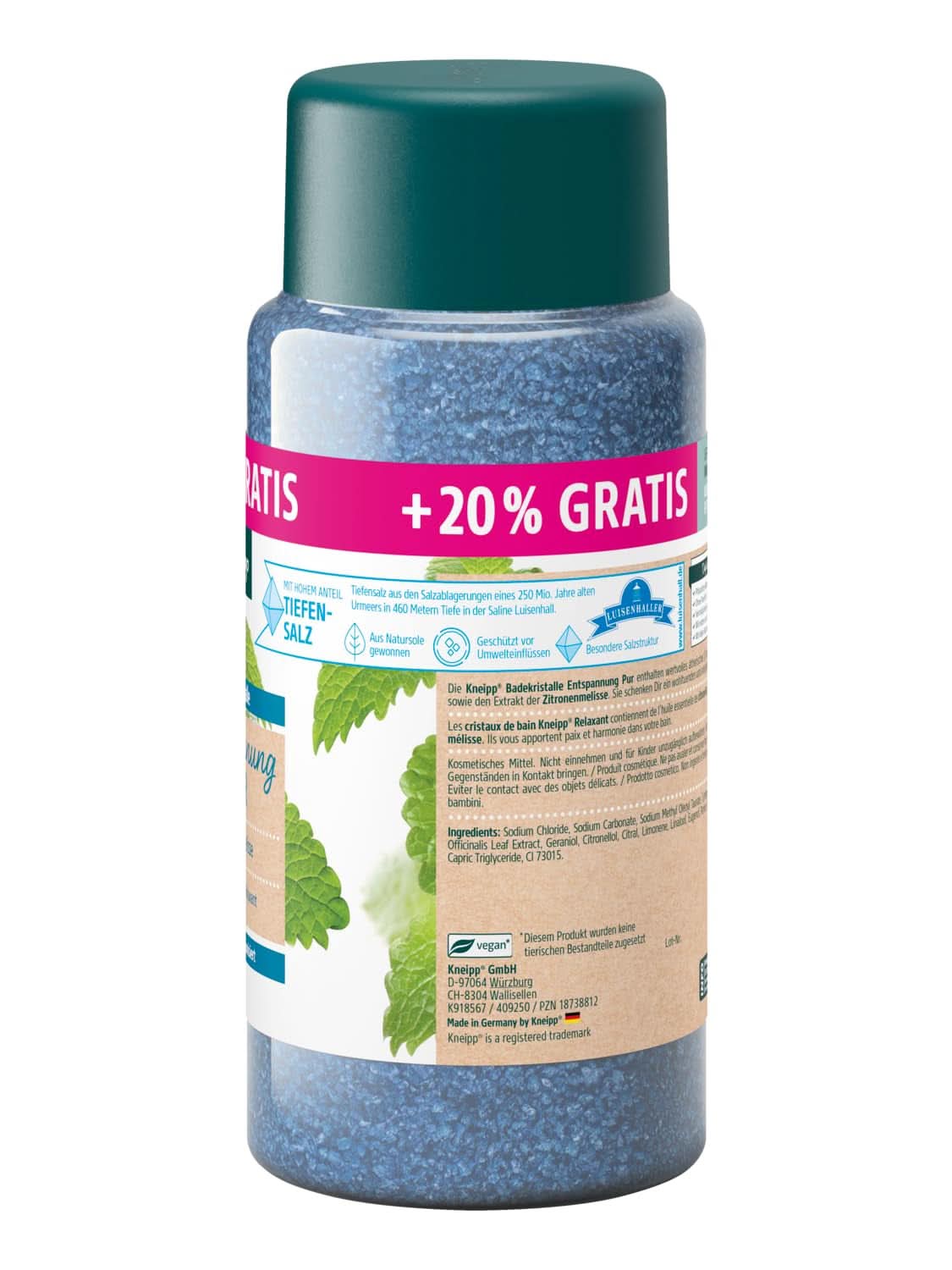 Kneipp Cristales de Baño Relajación Pura - Tamaño Especial - Con Sal Natural de Luisenhall Sal Profunda y Aceite Esencial de Melisa de la India y Extracto de Melisa Edición Limitada 720G Naty Shop Shower & Bath