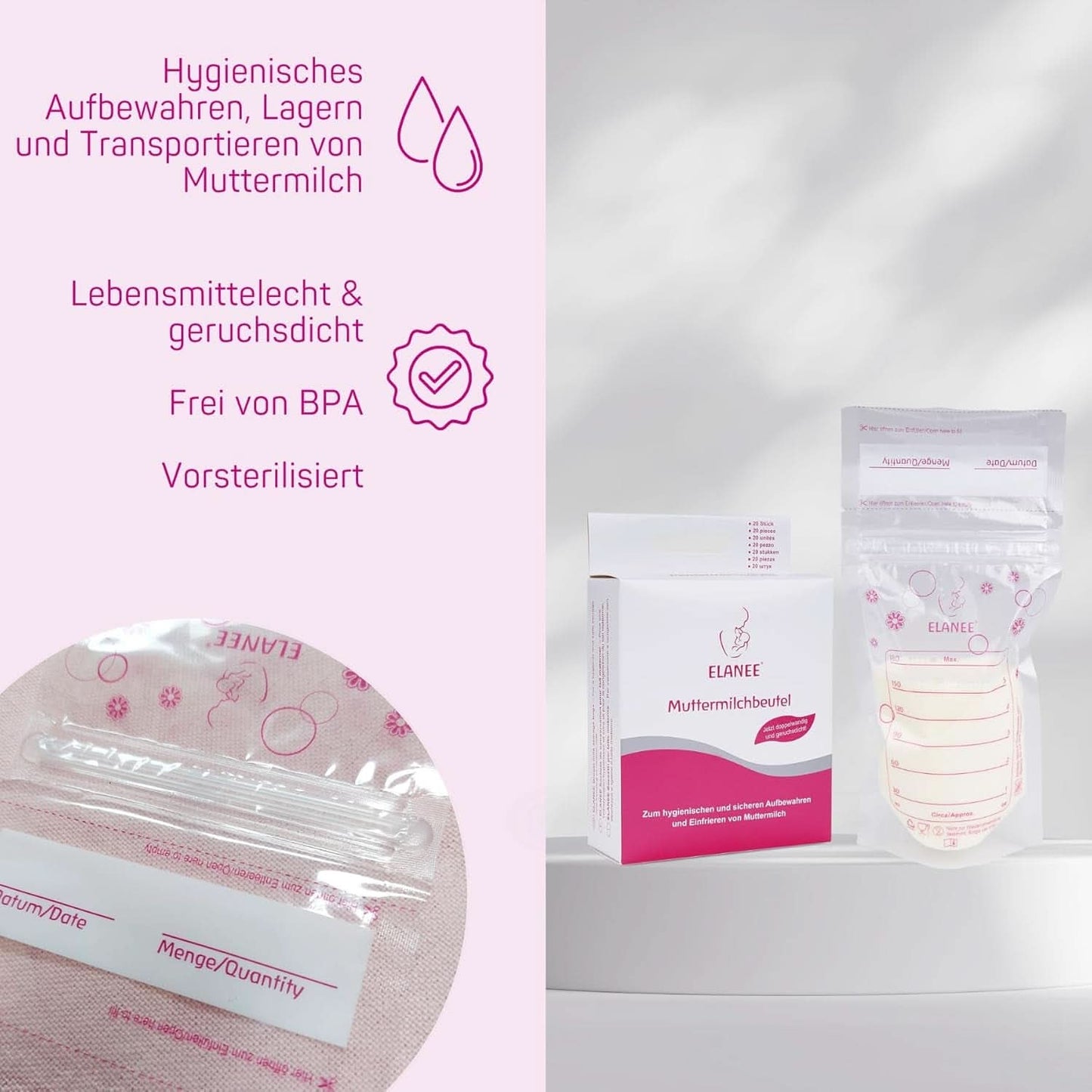 ELANEE Muttermilchbeutel, Aufbewahren & Einfrieren Von Muttermilch, Geschmackneutral Und Vorsterilisiert, Doppelter Sicherheitsverschluss, 20 Stück, Mit Standfuß (711-00) Alimentación infantil y accesorios de lactancia Naty Shop