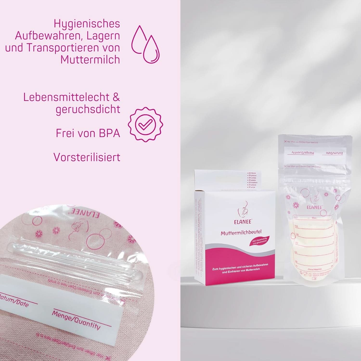 ELANEE Muttermilchbeutel, Aufbewahren & Einfrieren Von Muttermilch, Geschmackneutral Und Vorsterilisiert, Doppelter Sicherheitsverschluss, 20 Stück, Mit Standfuß (711-00) Alimentación infantil y accesorios de lactancia Naty Shop