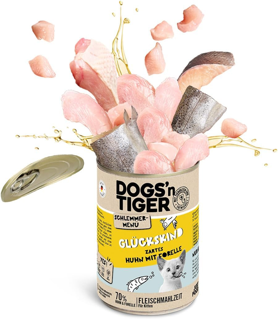 Dogs'n Tiger Schlemmermenü Glückskind, Nassfutter für Kätzchen, saftiges Hun und Forelle - ohne Getreide, Zuckerzusatz, künstliche Konservierungsstoffe, optima Verträglichkeit, 12x 200g