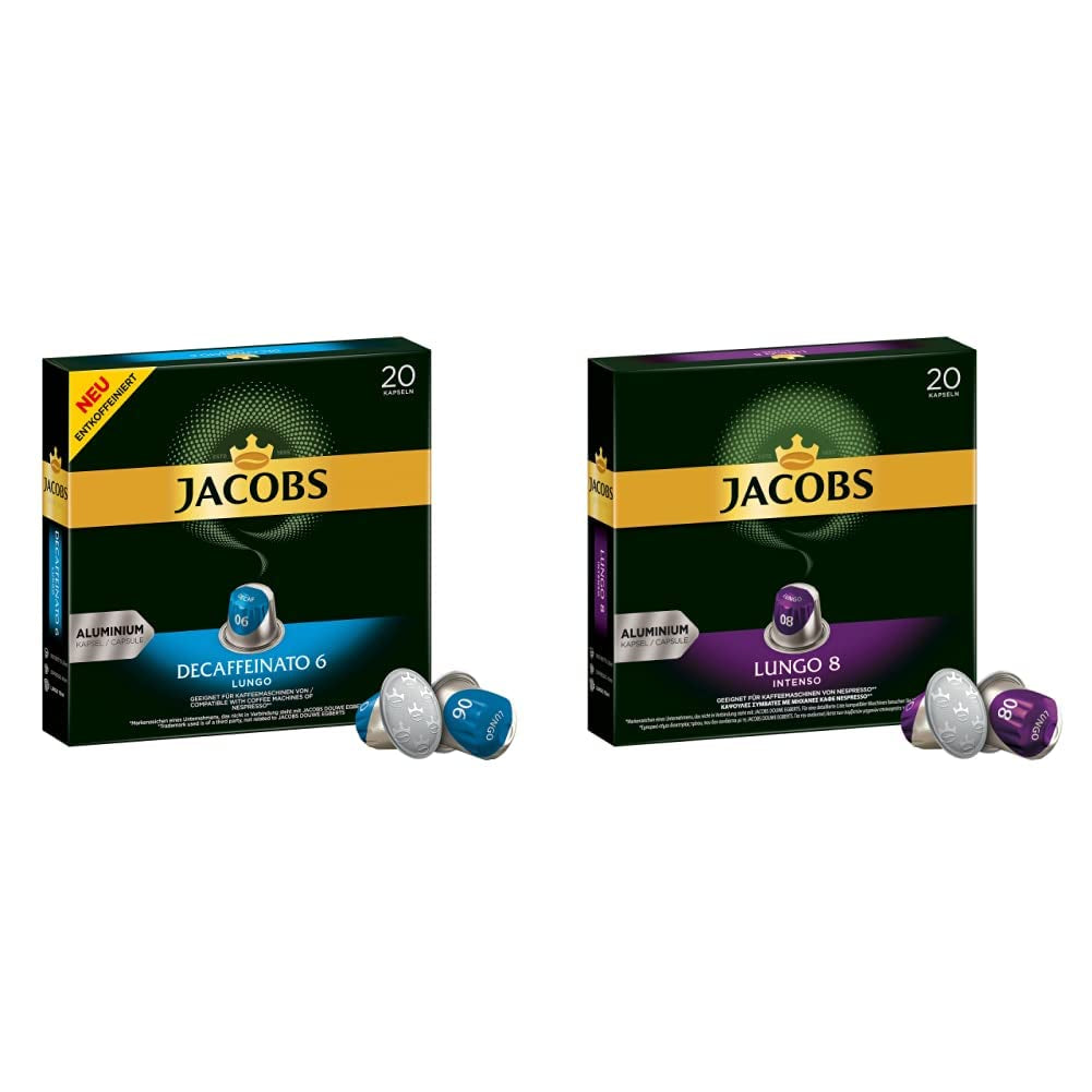 Jacobs Kaffeekapseln Lungo Decaffeinato- Intensität 6, paquete de 10, 10 x 20 tazas y Kaffeekapseln Lungo Intenso, Intensität 8 de 12, 200 cápsulas compatibles con Nespresso®*, 10 x 20 tazas