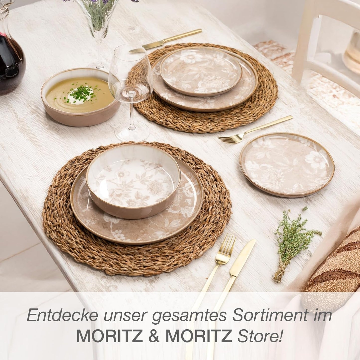 Moritz & Moritz MARIELLA Vajilla de gres de 24 piezas para 6 personas - Vajilla beige moderna con un diseño divertido, servicio de café de fácil cuidado con platos, cuencos y tazas - Juego combinado