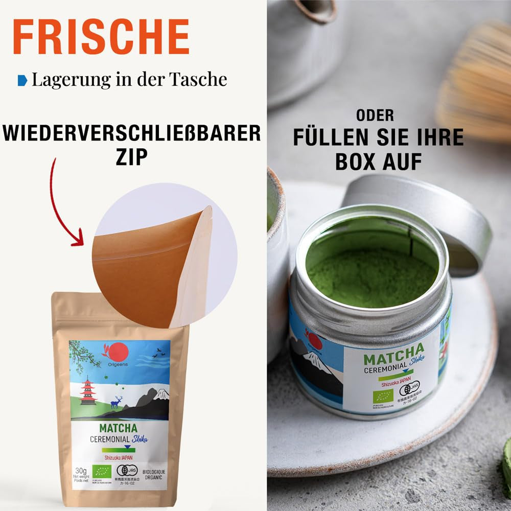 ORIGEENS BIO MATCHA CEREMONIAL GRADO "SHIKA" - Té Japonés Orgánico de Shizuoka - Matcha Latte/Usucha - Bolsa de Recarga de 30g - Té Verde Matcha Orgánico de Grado Ceremonial en Polvo
