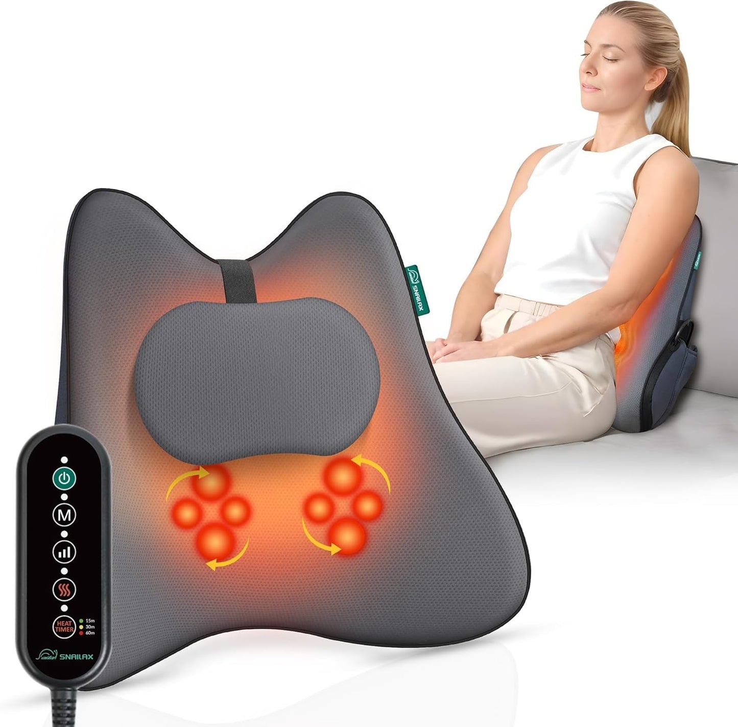 Snailax Almohada Ergonómica de Apoyo Lumbar con Masaje y Calor, Almohada de Espalda Shiatsu de Espuma Viscoelástica, Cojín de Asiento con 3 Intensidades de Masaje | 2 niveles de calor | 3 temporizadores | postura sentada cómoda
