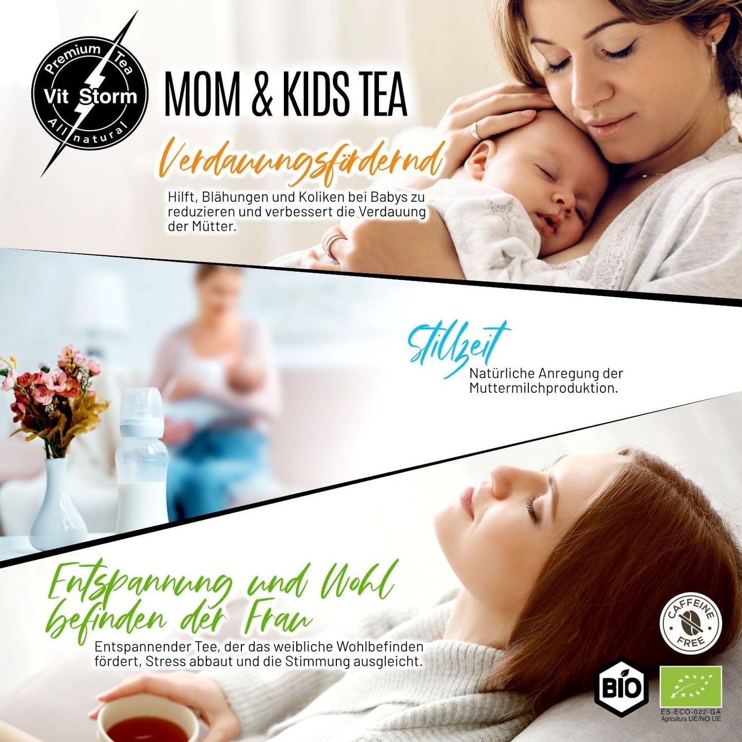 VITSTORM® BIO TEE Mom & Kids - Té para mujeres y lactancia - Rooibos, manzana, hinojo, melisa, alquimilla, fresa - Té relajante - Afrutado y delicioso - Sin cafeína - Té de hierbas 100 g