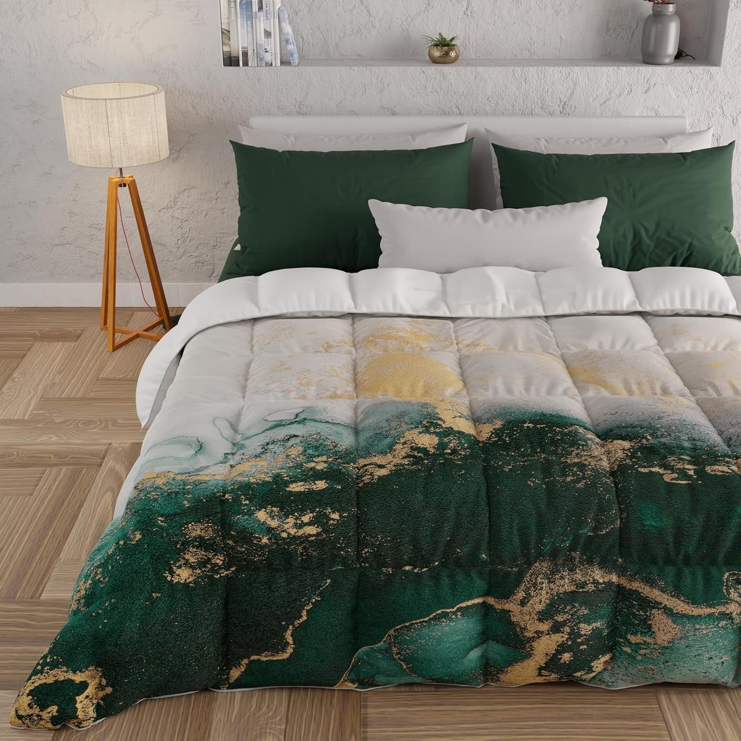 PETTI Artigiani Italiani - Edredón de invierno, Edredón de invierno, Edredón sencillo, Doble cara, Monocolor e impresión digital, 100% microfibra hipoalergénica, Made in Italy Edredones y edredones Naty Shop Mármol esmeralda Cama individual