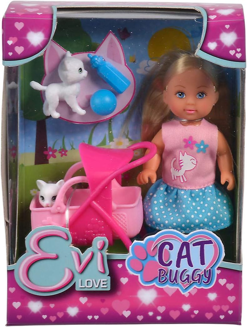 Simba 105733348 - Cochecito para Gatos Evi Love, con Dos Gatos en el Cochecito, Bolso Desmontable, Accesorios, Muñeca de Vestir, 12cm, Para Niños a Partir de 3 Años
